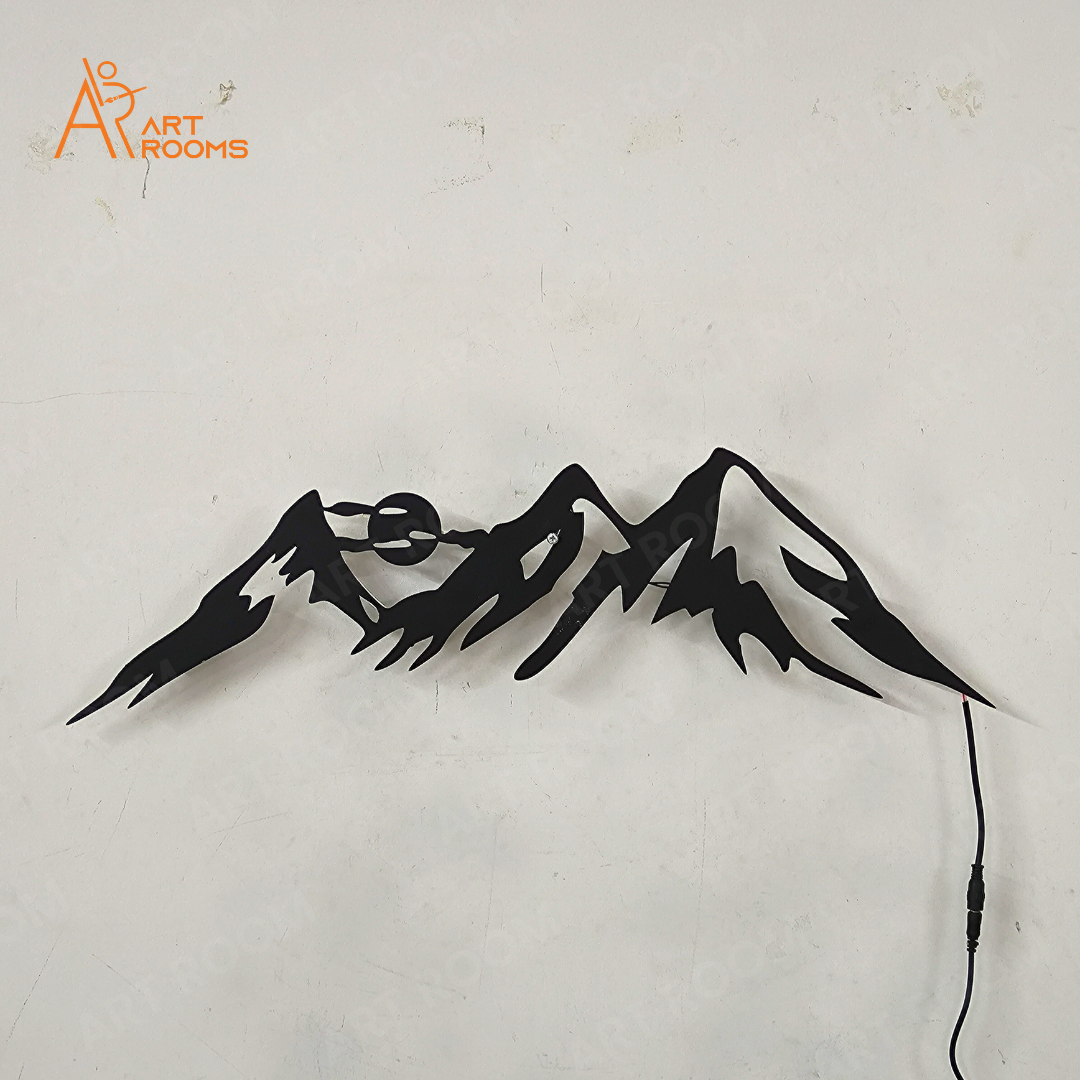 Artrooms Mountain Metal Wall Art With Light - Wall Decoration | Wall Hanging (25x7 inch) | Black Matte Finish