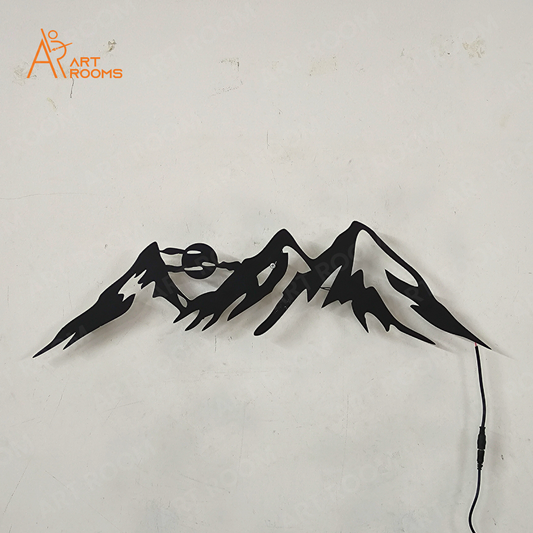 Mountain Metal Wall Art with Light – Black Matte Finish Metal Wall Hanging