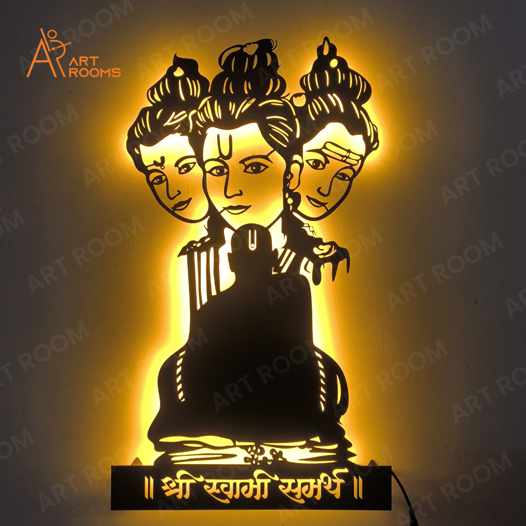 Artrooms Swami Samarth Metal Wall Art With Light | Wall Decoration | Wall Hanging (15x25 inch) | Black Matte Finish