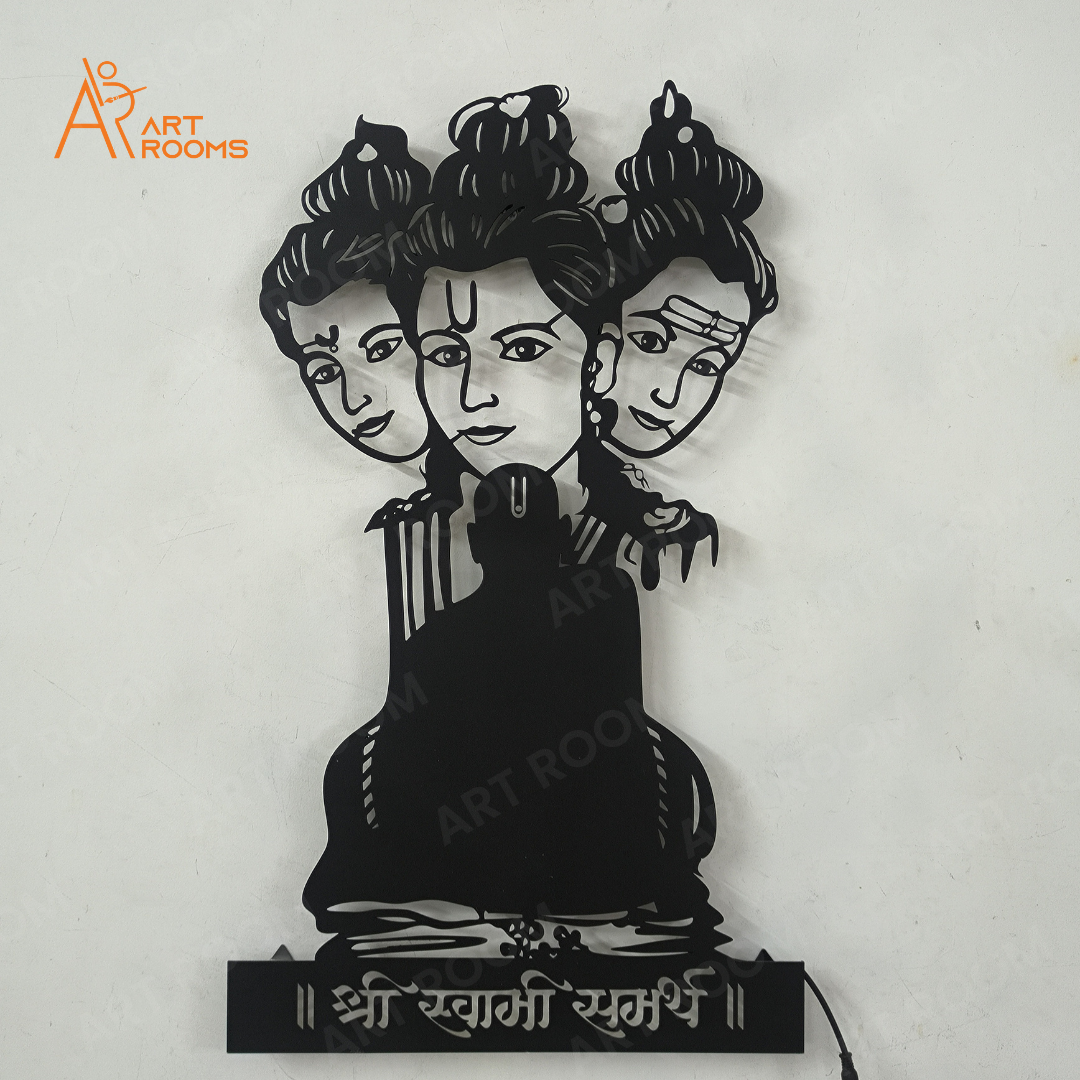 Artrooms Swami Samarth Metal Wall Art With Light | Wall Decoration | Wall Hanging (15x25 inch) | Black Matte Finish