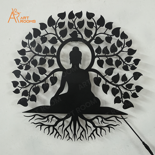 Buddha With Tree Metal Wall Art – Matte Black Metal Wall Hanging