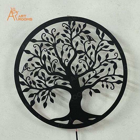 Tree Metal Wall Art With Light – Matte Black Temple Wall Hanging