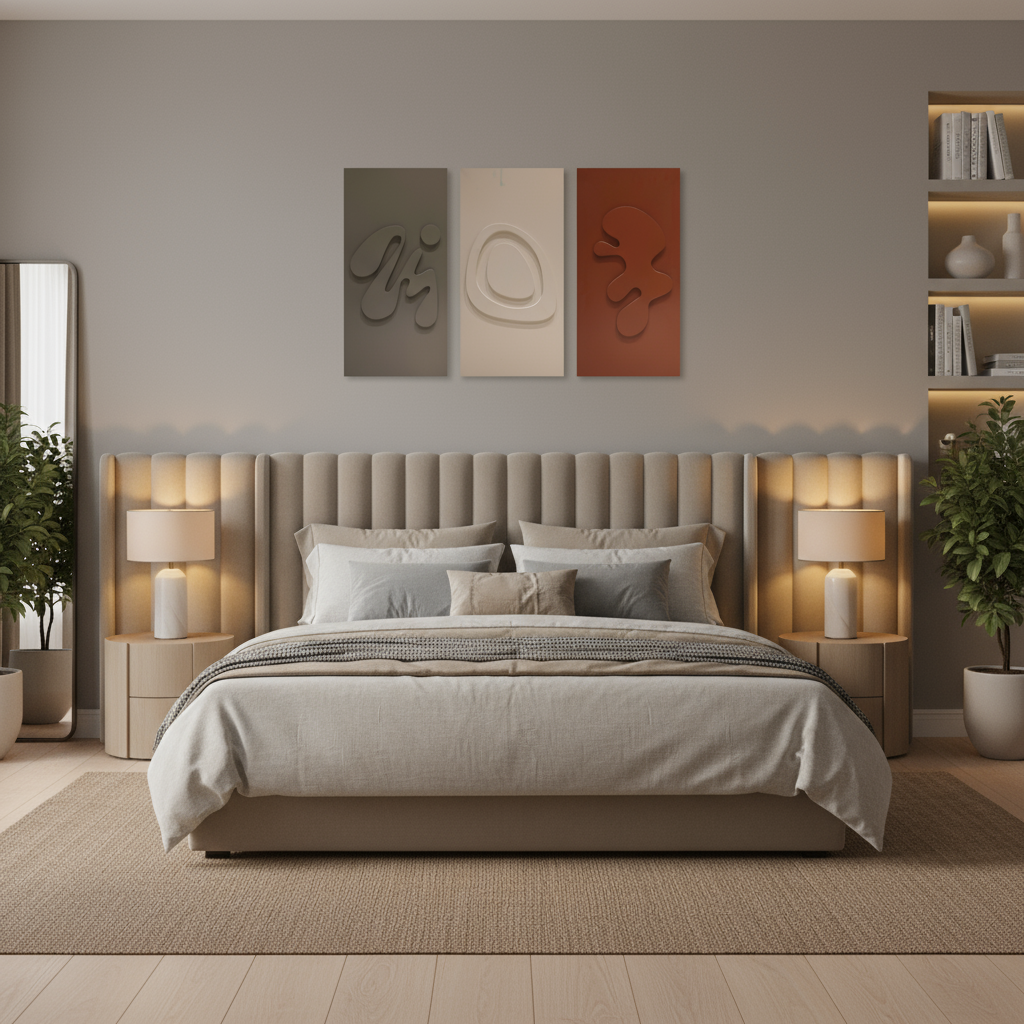 MDF wall art set of 3 modern abstract panels above bed headboard in bedroom