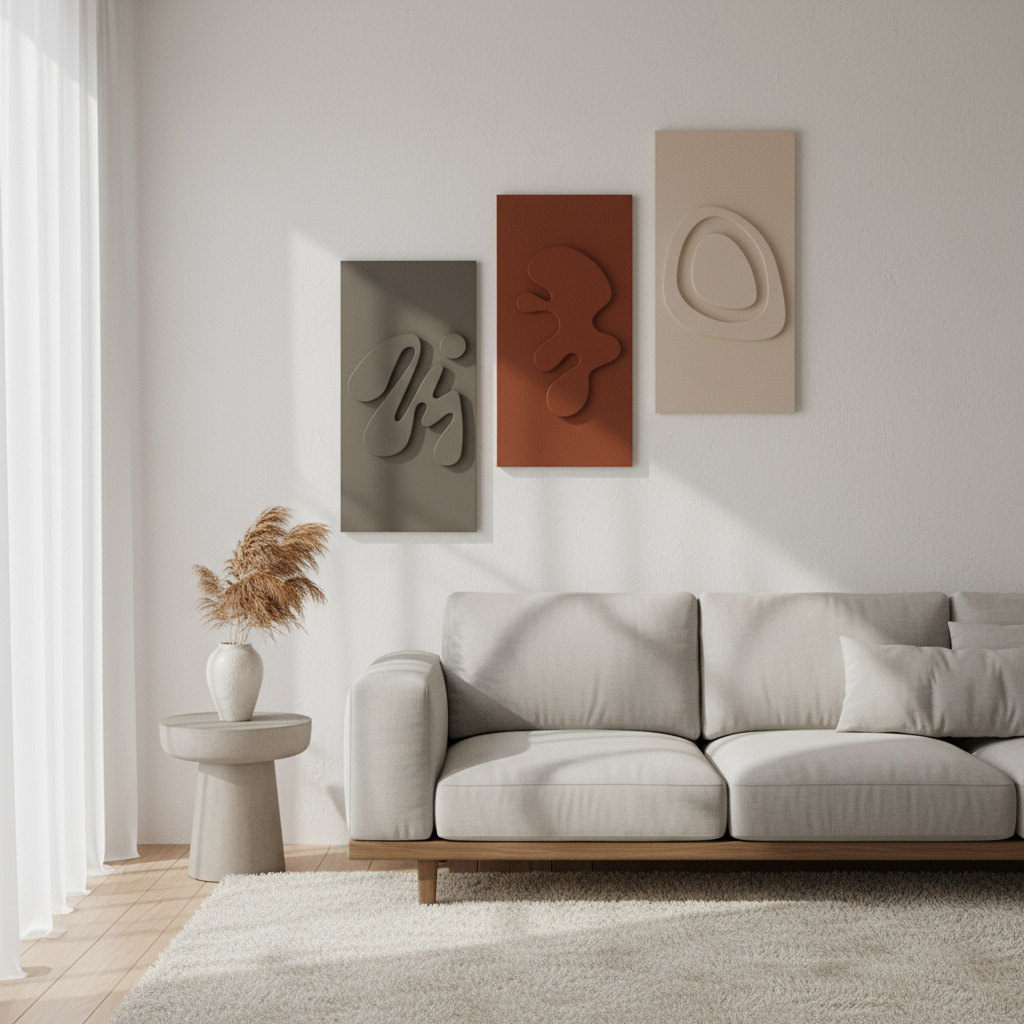 MDF wall art set of 3 modern abstract wooden panels above sofa in living room