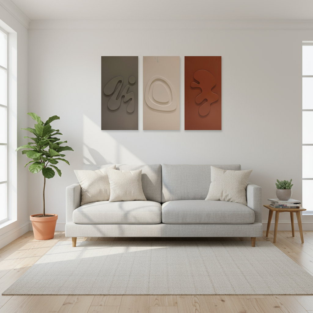 MDF wall art set of 3 minimalist modern abstract 3D panels in living room with sofa