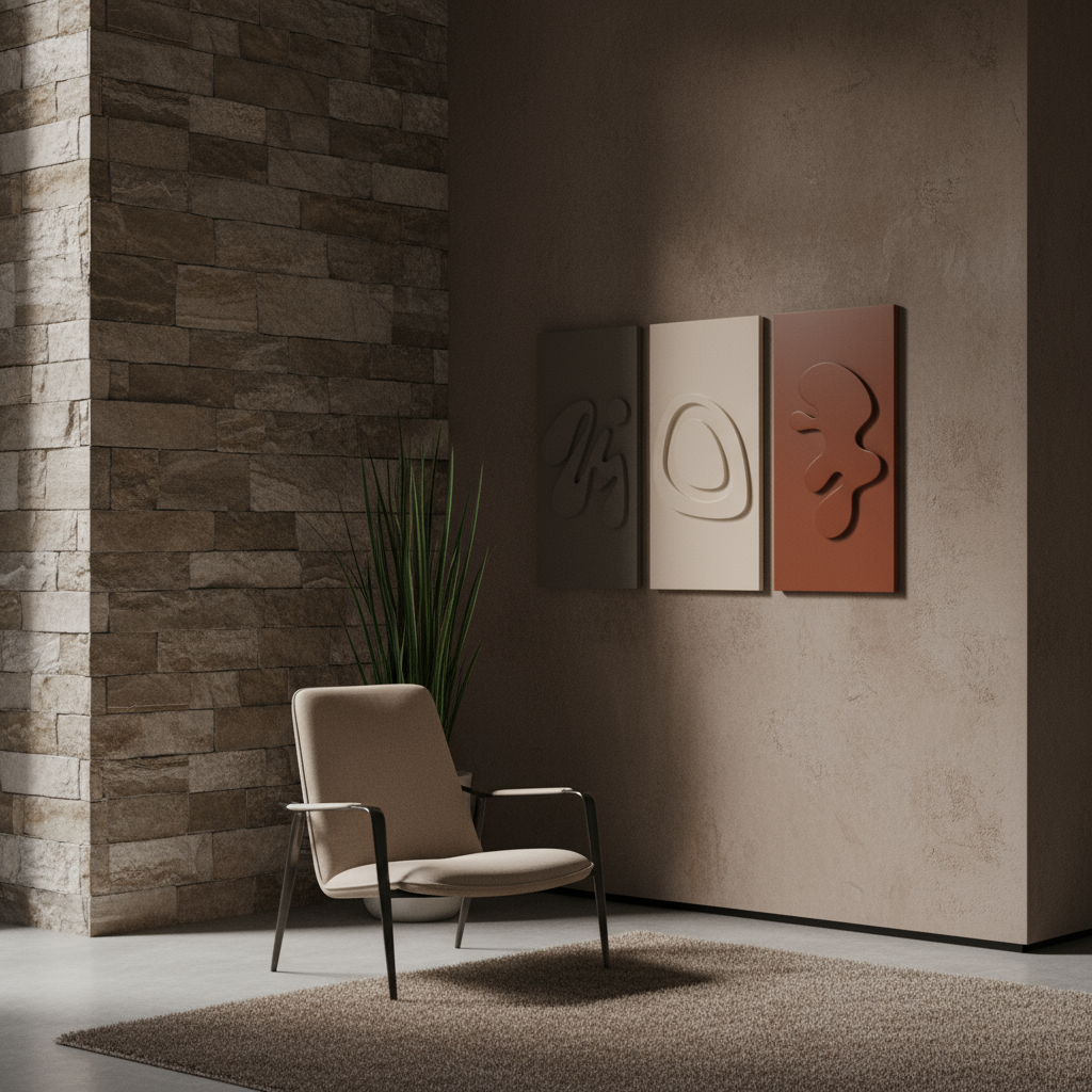 MDF wall art set of 3 modern abstract wooden panels in office lounge decor