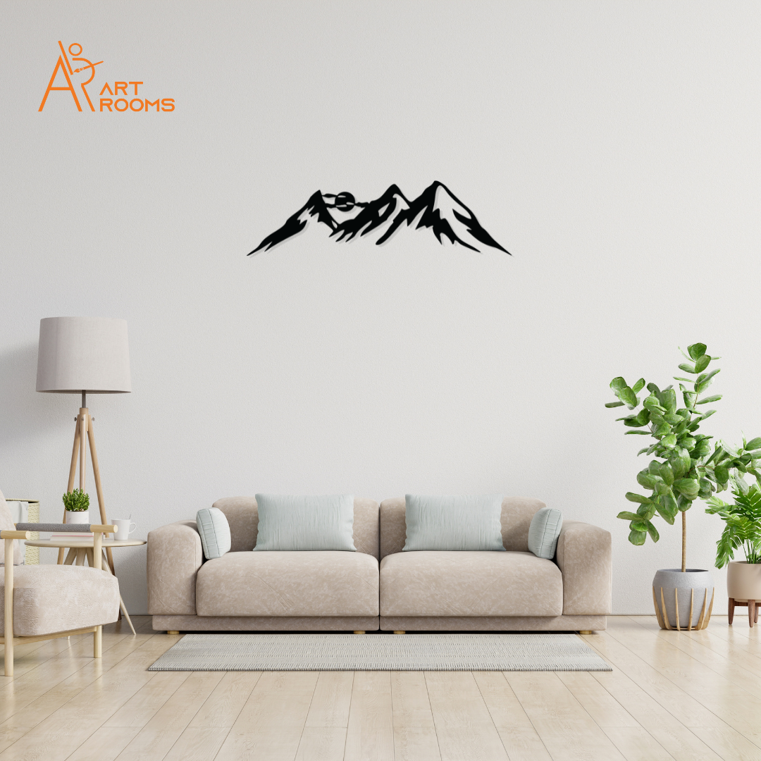 Artrooms Mountain Metal Wall Art With Light - Wall Decoration | Wall Hanging (25x7 inch) | Black Matte Finish