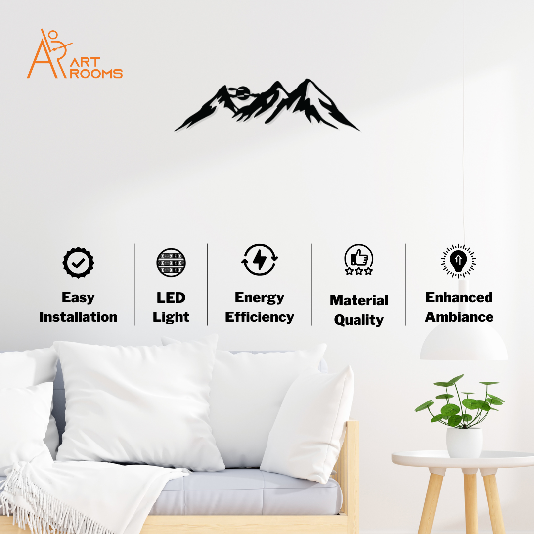Artrooms Mountain Metal Wall Art With Light - Wall Decoration | Wall Hanging (25x7 inch) | Black Matte Finish