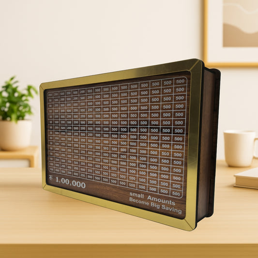 Side view of a ₹100,000 money-saving box with a golden border, placed on a wooden table in a home setting.