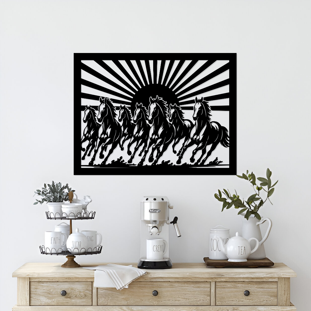 Metal wall art of seven horses above coffee table
