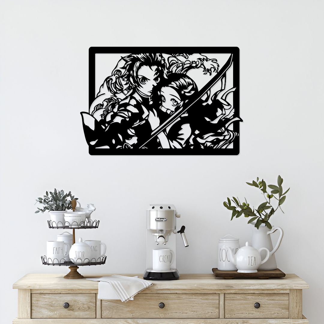 Tanjiro & Nezuko inspired anime metal wall art, laser cut decor above a coffee station setup.