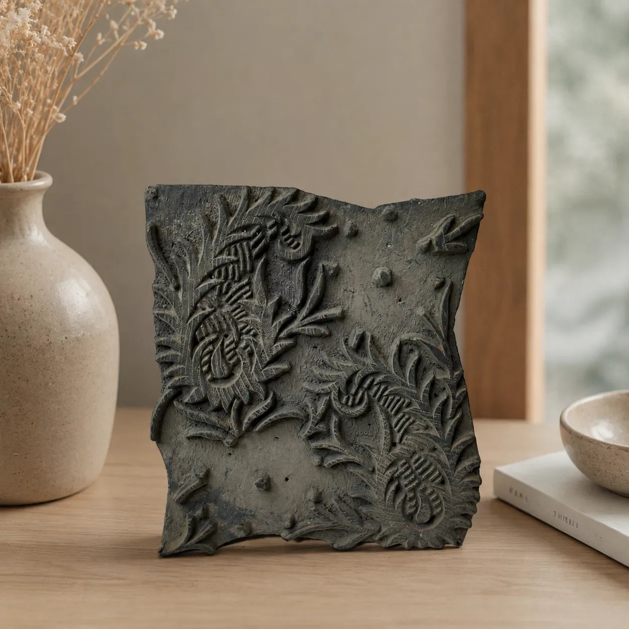 Vintage Hand-Carved Wood Printing Block – Herringbone Leaf