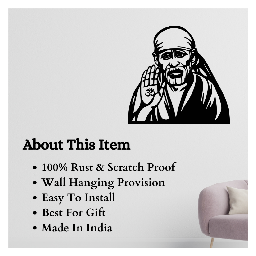 Artrooms Sai Baba Metal Wall Art - Wall Decoration | Wall Hanging (25x24 inch) | Black Matte Finish