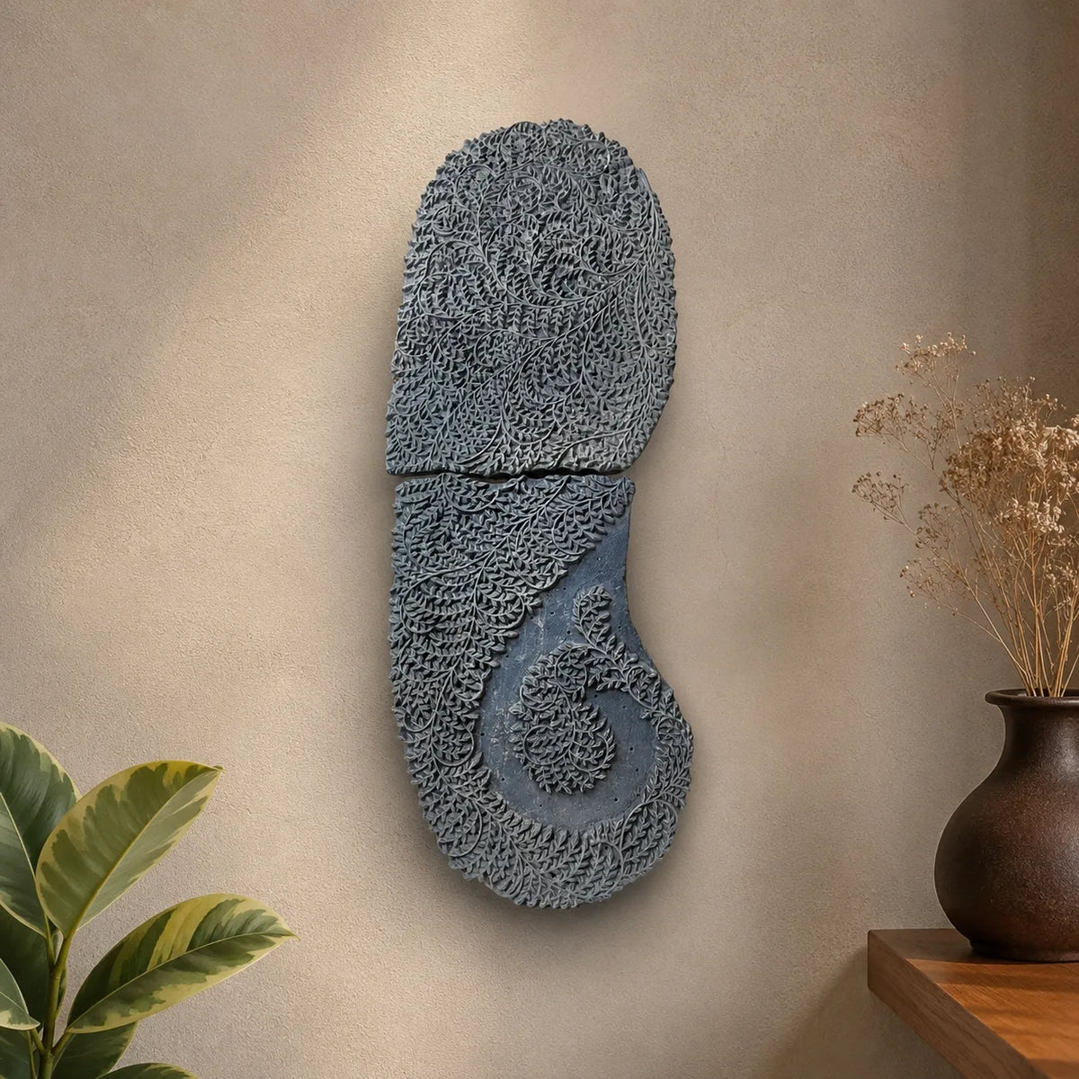 Vintage Hand-Carved Wooden Printing Block – Dense Fern Vine Paisley (2-Piece)