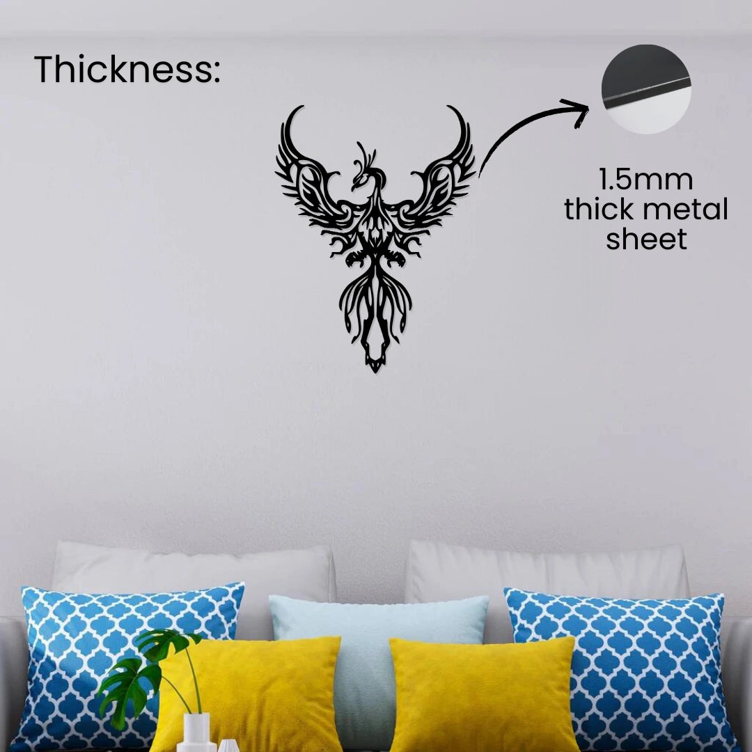 1.5mm thick matte black metal phoenix wall decor standing 1 cm off the wall