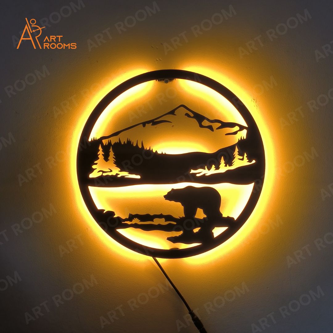 Mountain Bear Metal Wall Art With Light– LED Backlit Spiritual Décor