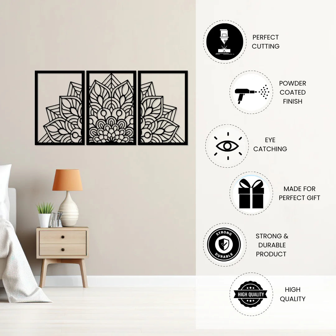 Artrooms Floral Metal Wall Art - Wall Decoration | Wall Hanging (36x18 inch) | Black Matte Finish