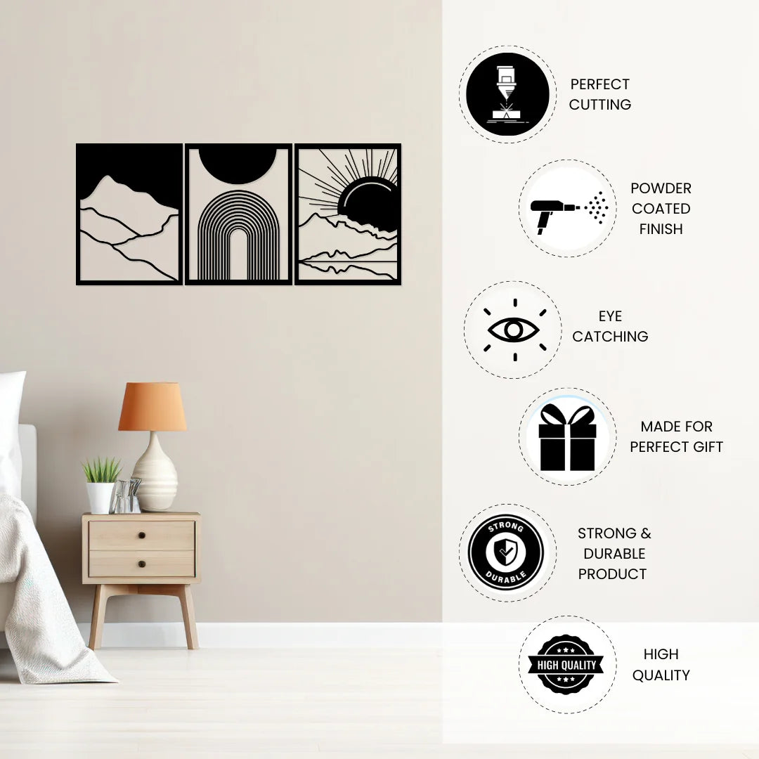 Artrooms Day & Night Scenery 3 Piece Metal Wall Art - Wall Decoration | Wall Hanging (27x12 inch) | Black Matte Finish