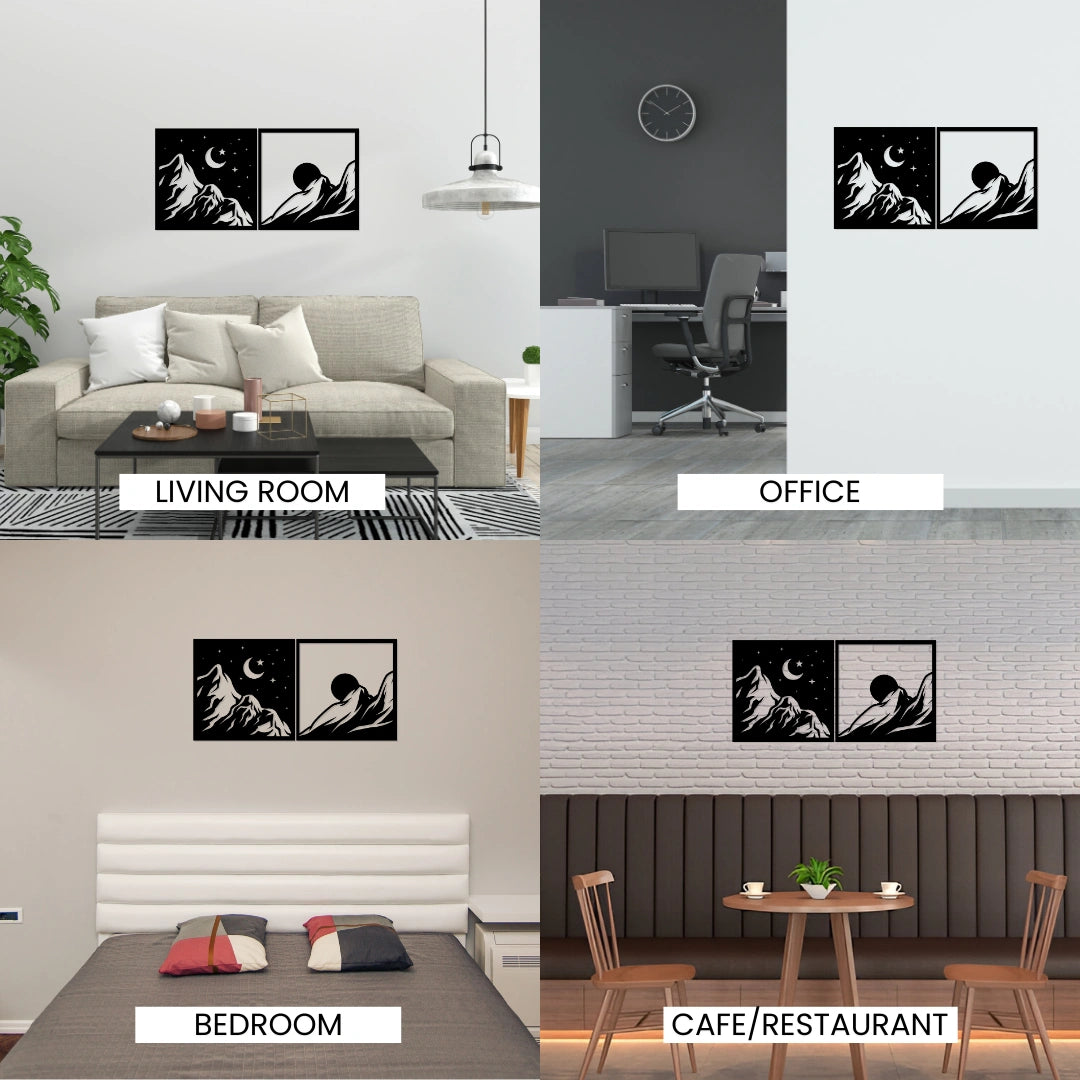 Artrooms Sun And Moon Metal Wall Art - Wall Decoration | Wall Hanging (12x24 inch) | Black Matte Finish