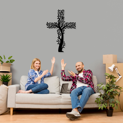 Artrooms Cross Tree Metal Wall Art - Wall Decoration | Wall Hanging (17x25 inch) | Black Matte Finish