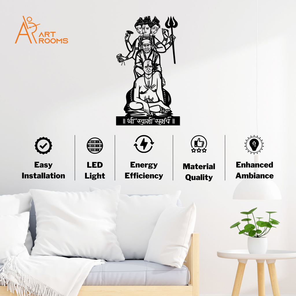 Swami, Datta And Sai Baba Metal Wall Art With Light – Easy Install Spiritual Wall Décor