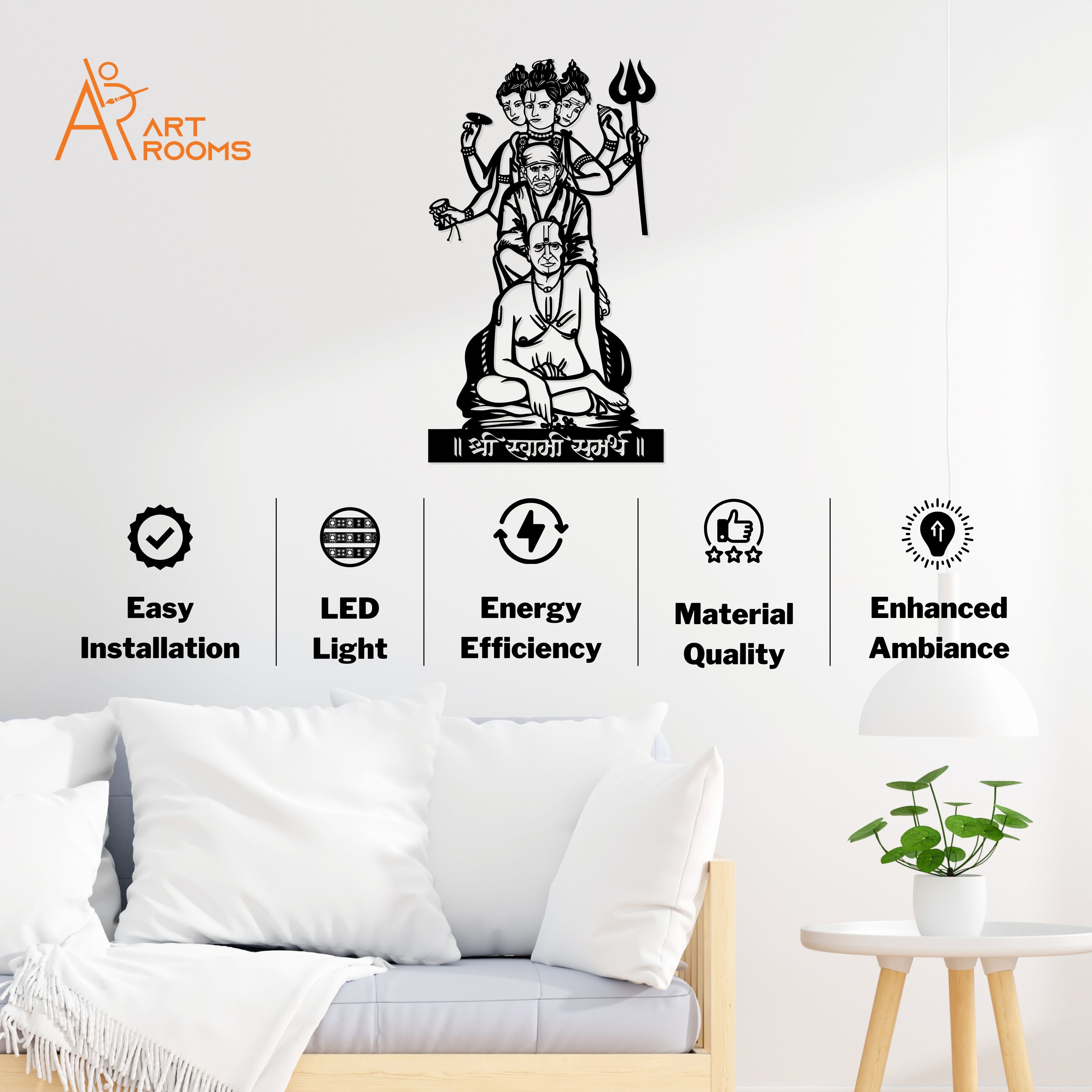 Swami, Datta And Sai Baba Metal Wall Art With Light – Easy Install Spiritual Wall Décor