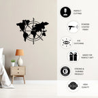 World map compass metal wall art highlighting precision cutting and powder coated durable finish