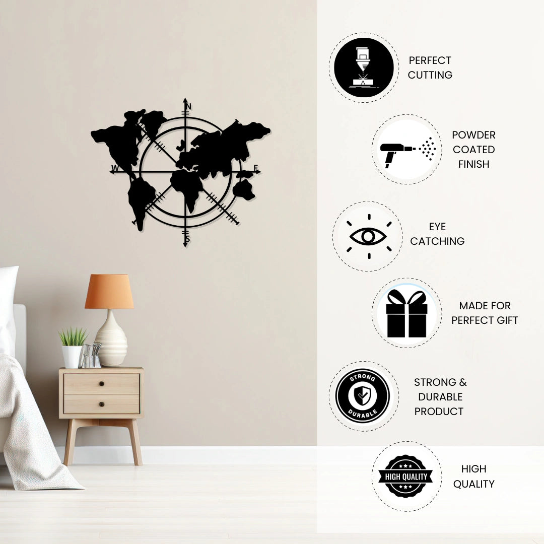 World map compass metal wall art highlighting precision cutting and powder coated durable finish