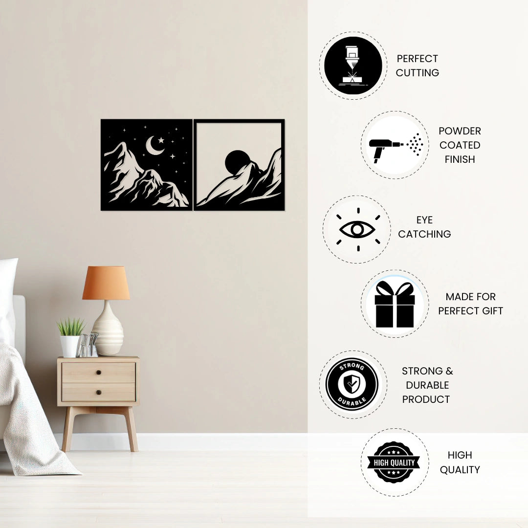 Artrooms Sun And Moon Metal Wall Art - Wall Decoration | Wall Hanging (12x24 inch) | Black Matte Finish