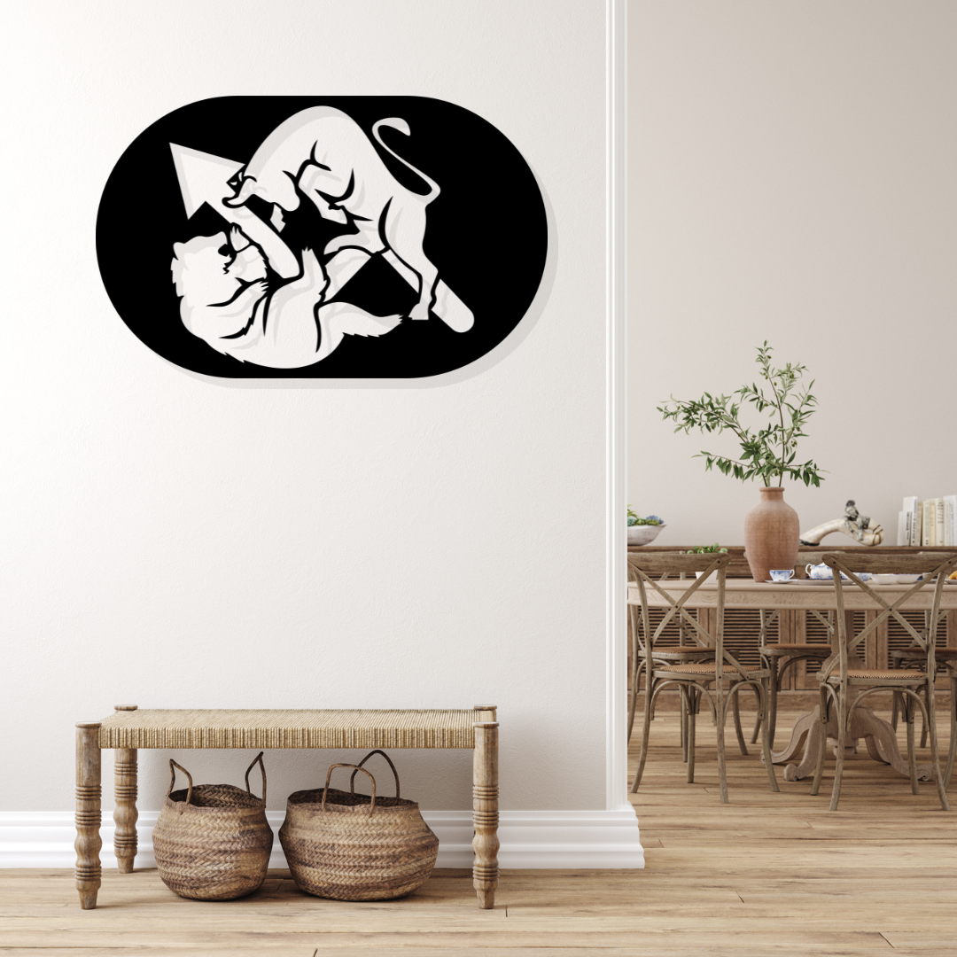 Artrooms Bull and Bear Metal Wall Art - Wall Decoration | Wall Hanging (25x15 inch) | Black Matte Finish