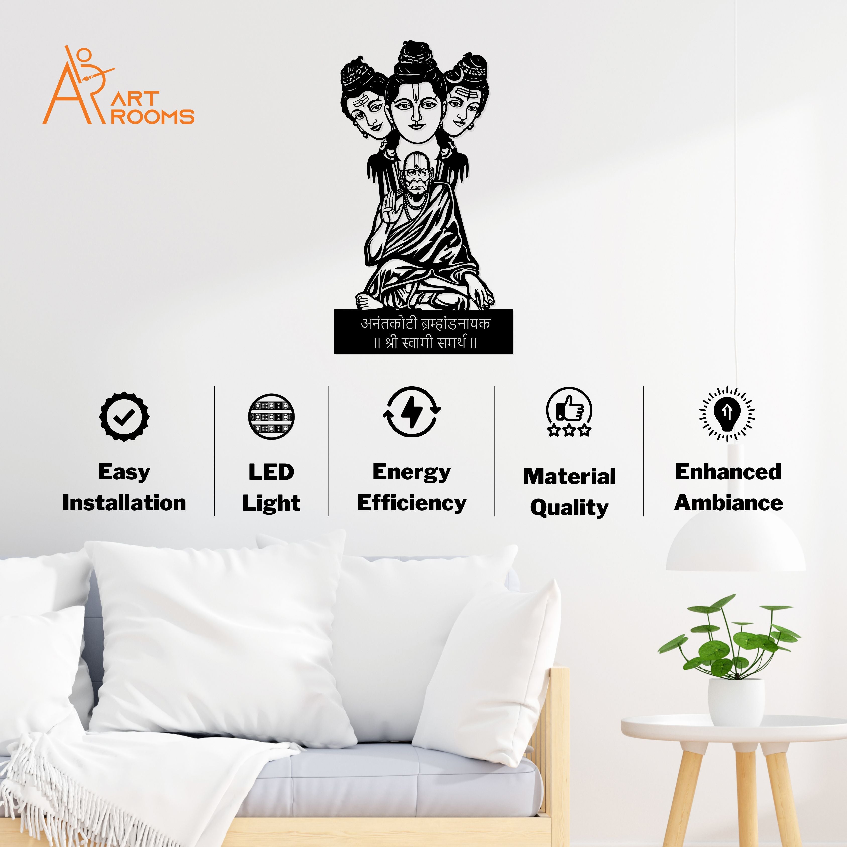 Artrooms Anantkoti Brahmand Nayak Shree Swami Samarth metal wall art with LED light, showcasing easy installation and energy efficiency.