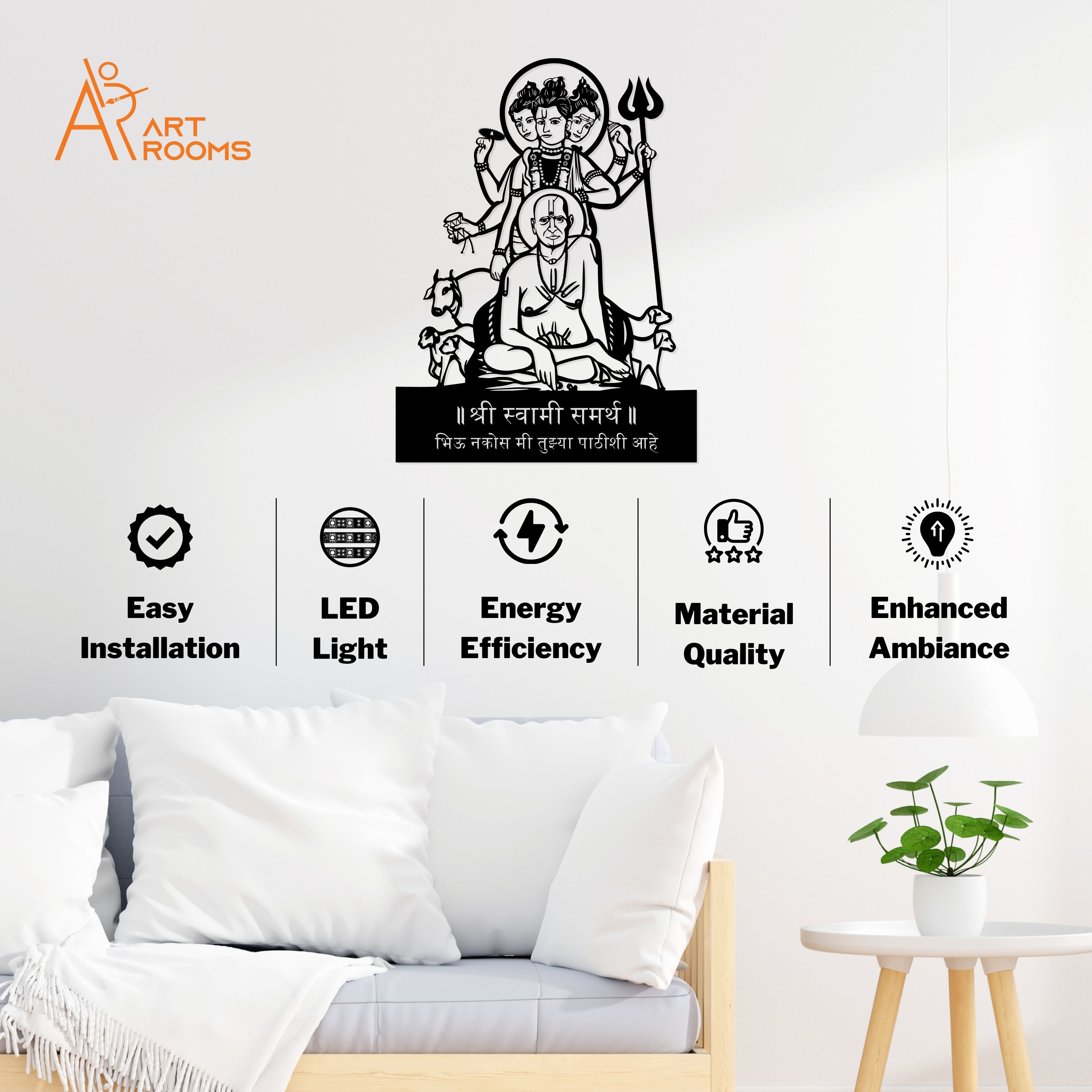 Swami and Datta Maharaj Metal Wall Art With Light – Easy Install Spiritual Wall Décor