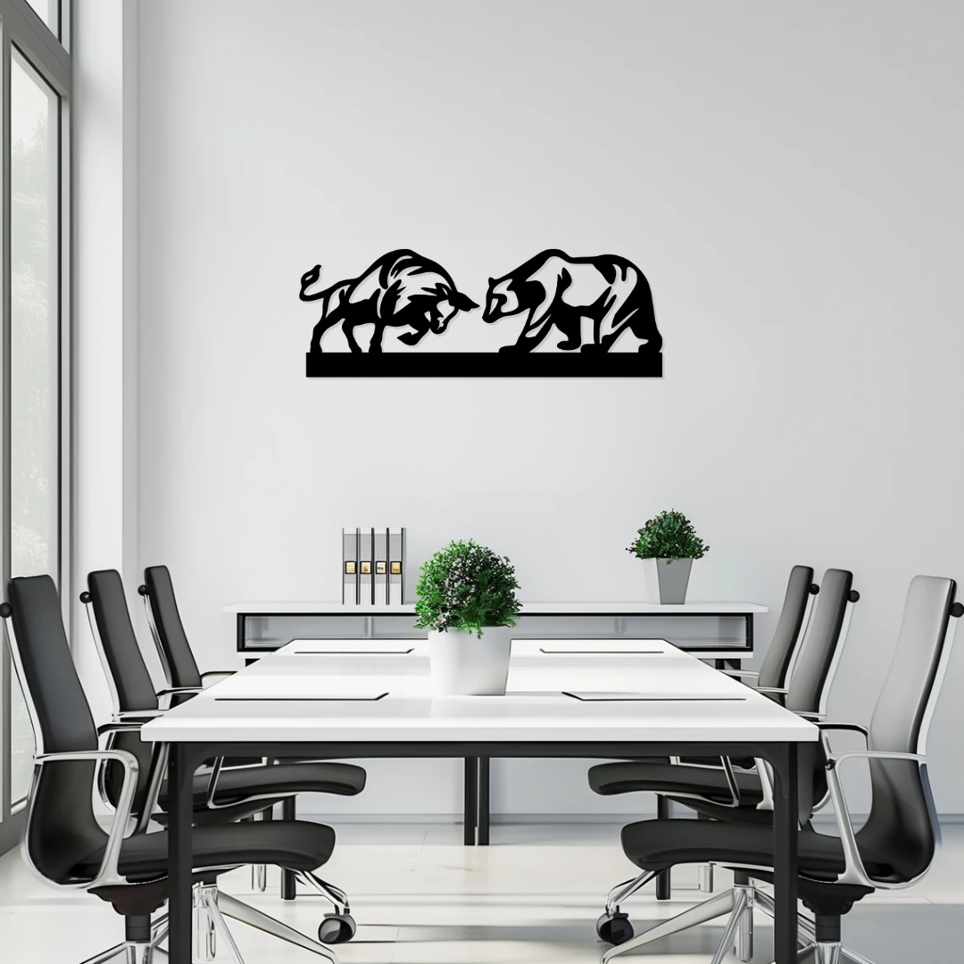Artrooms Bull and Bear Metal Wall Art – 24x8 inch | Stock Market Wall Decor for Office & Trading Room