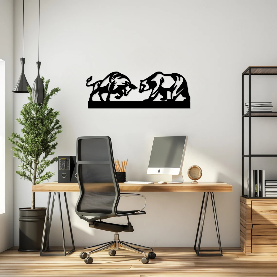 Artrooms Bull and Bear Metal Wall Art – 24x8 inch | Stock Market Wall Decor for Office & Trading Room