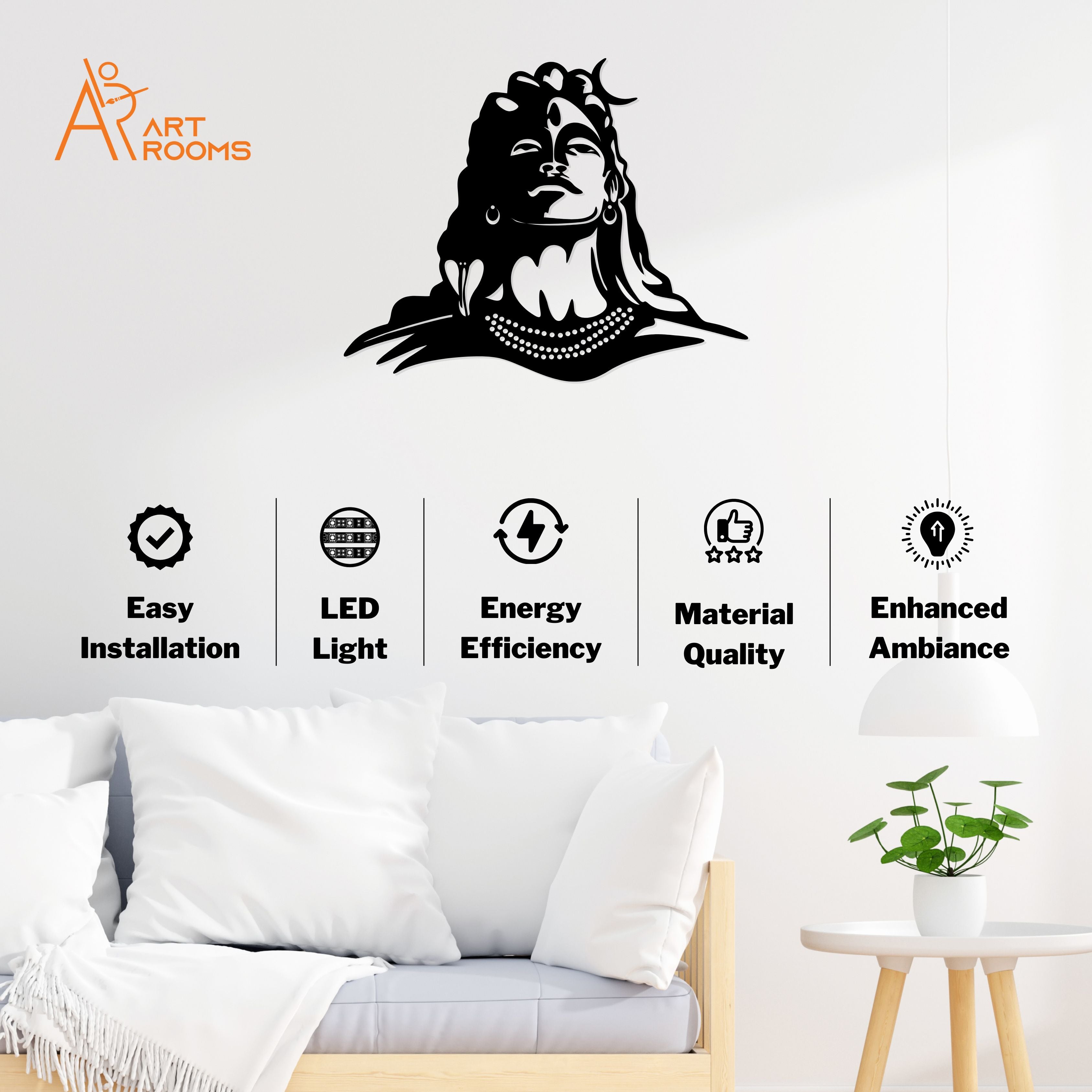 Adiyogi Shiva Metal Wall Art with LED light, showcasing easy installation and enhanced ambiance for spiritual decor.
