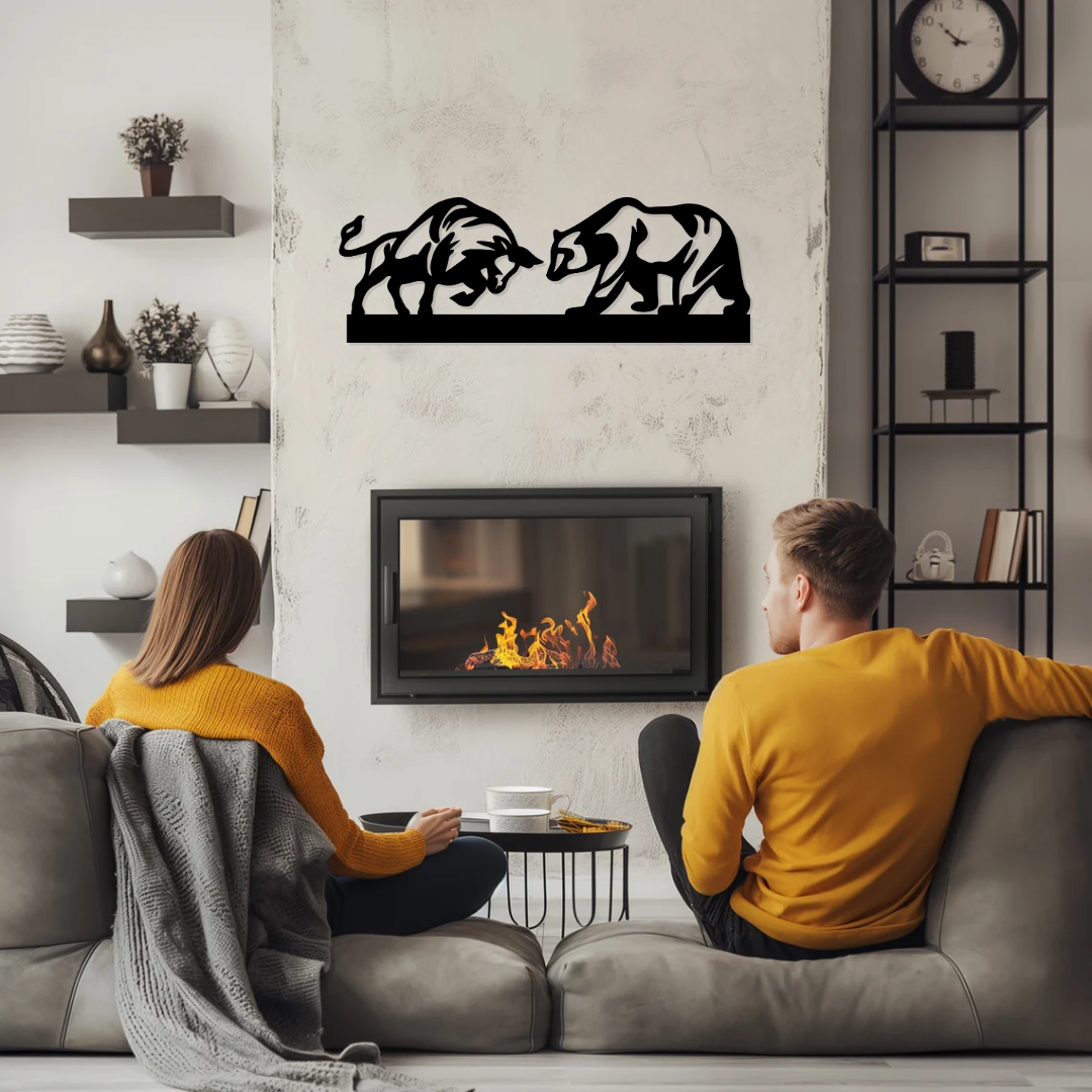 Artrooms Bull and Bear Metal Wall Art – 24x8 inch | Stock Market Wall Decor for Office & Trading Room