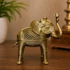 Dhokra Craft Elephant Holding Lotus Flower Figurine