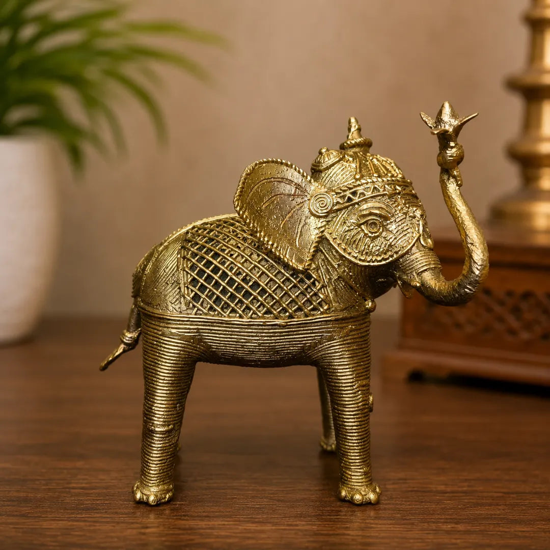 Dhokra Craft Elephant Holding Lotus Flower Figurine
