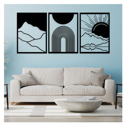 Artrooms Day & Night Scenery 3 Piece Metal Wall Art - Wall Decoration | Wall Hanging (34x15 inch) | Black Matte Finish