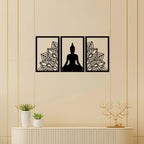 Buddha metal wall art in matte black, showcasing a serene Buddha silhouette with lotus design, perfect for meditation décor.