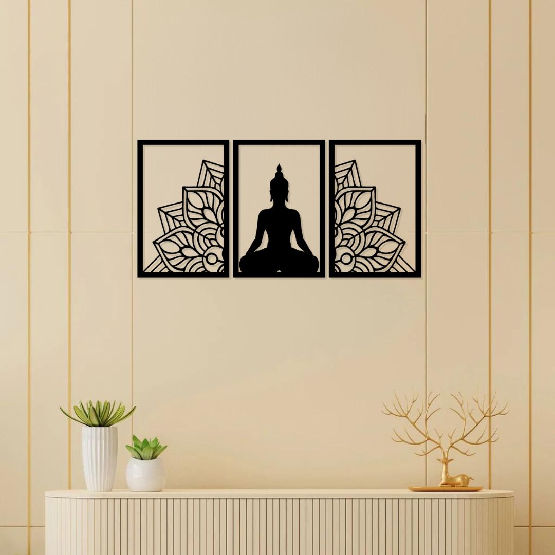 Buddha metal wall art in matte black, showcasing a serene Buddha silhouette with lotus design, perfect for meditation décor.