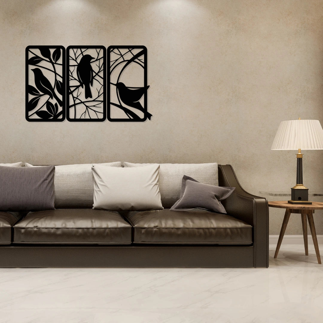 Birds on Branch 3 Panel Metal Wall Art