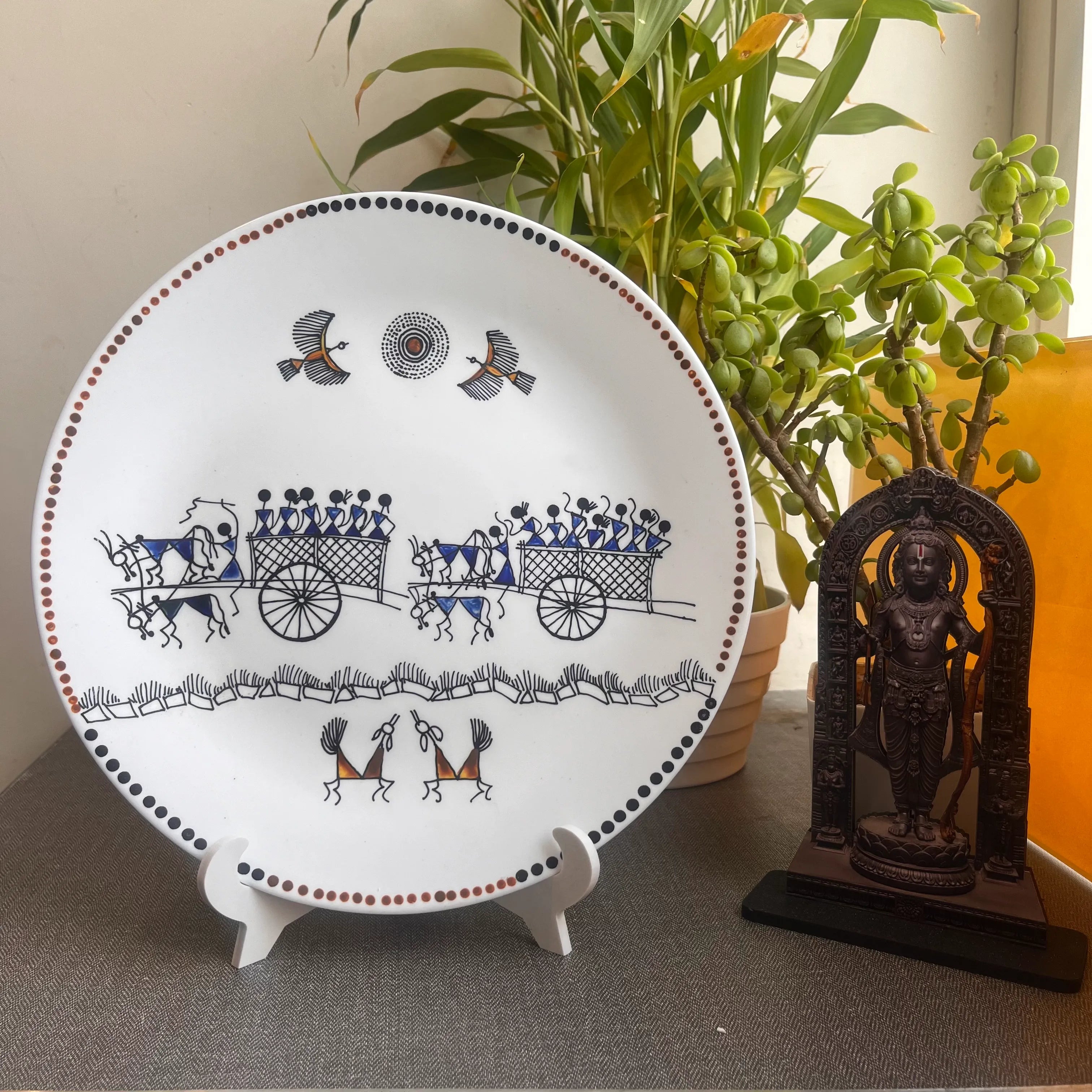 Artrooms Bullock cart Procession Ceramic Hand Painted Warli Art - Wall Decor Plates