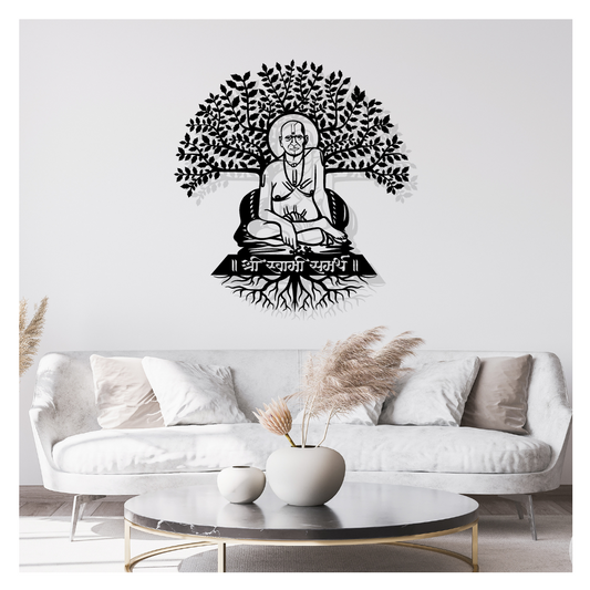 Artrooms Swami Samarth with Tree Metal Wall Art - Wall Decoration | Wall Hanging (23x25 inch) | Black Matte Finish