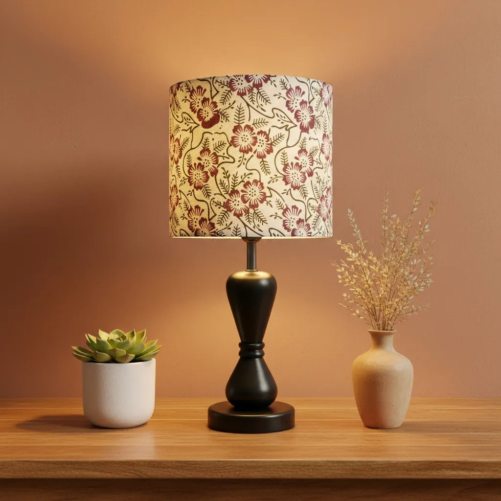 Fabric Lamp Shade – Floral Block Print Cotton Lampshade (Maroon & Green)