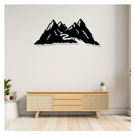 Artrooms Mountain Metal Wall Art - Wall Decoration | Wall Hanging (25x10 inch) | Black Matte Finish