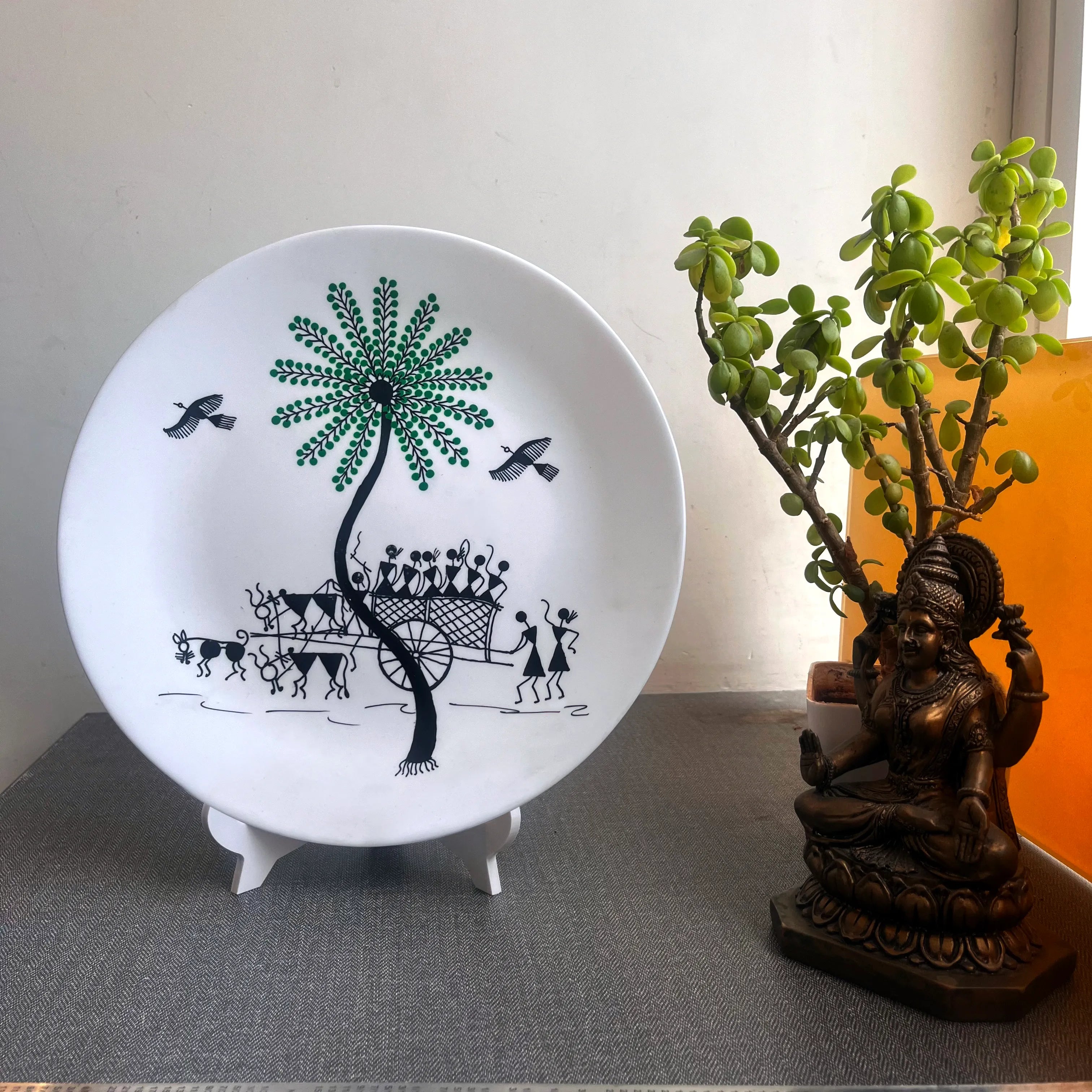 Artrooms Captivating village scene Ceramic Hand Painted Warli Art - Wall Decor Plates