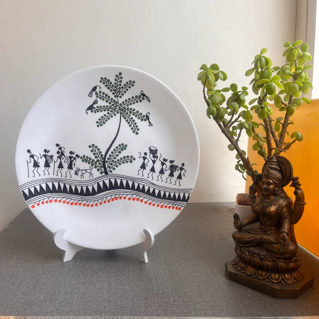 Artrooms One With Nature Tree Ceramic Hand Painted Warli Art - Wall Decor Plates