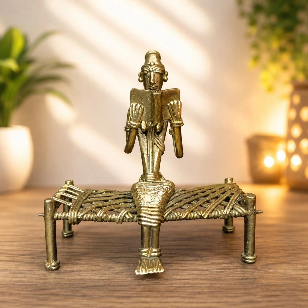 Dhokra Tribal Lady Reading Book on Cot Handmade Home Decor