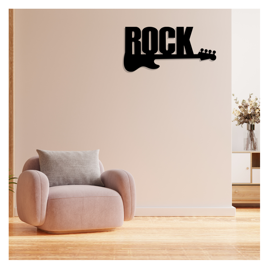 Artrooms Word Rock With Guitar Metal Wall Art - Wall Decoration | Wall Hanging (25x12 inch) | Black Matte Finish
